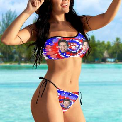 Custom Custom Face Colorful Swirls Bikini Set Personalized Women's Off-Shoulder String Swimsuit - YesCustom