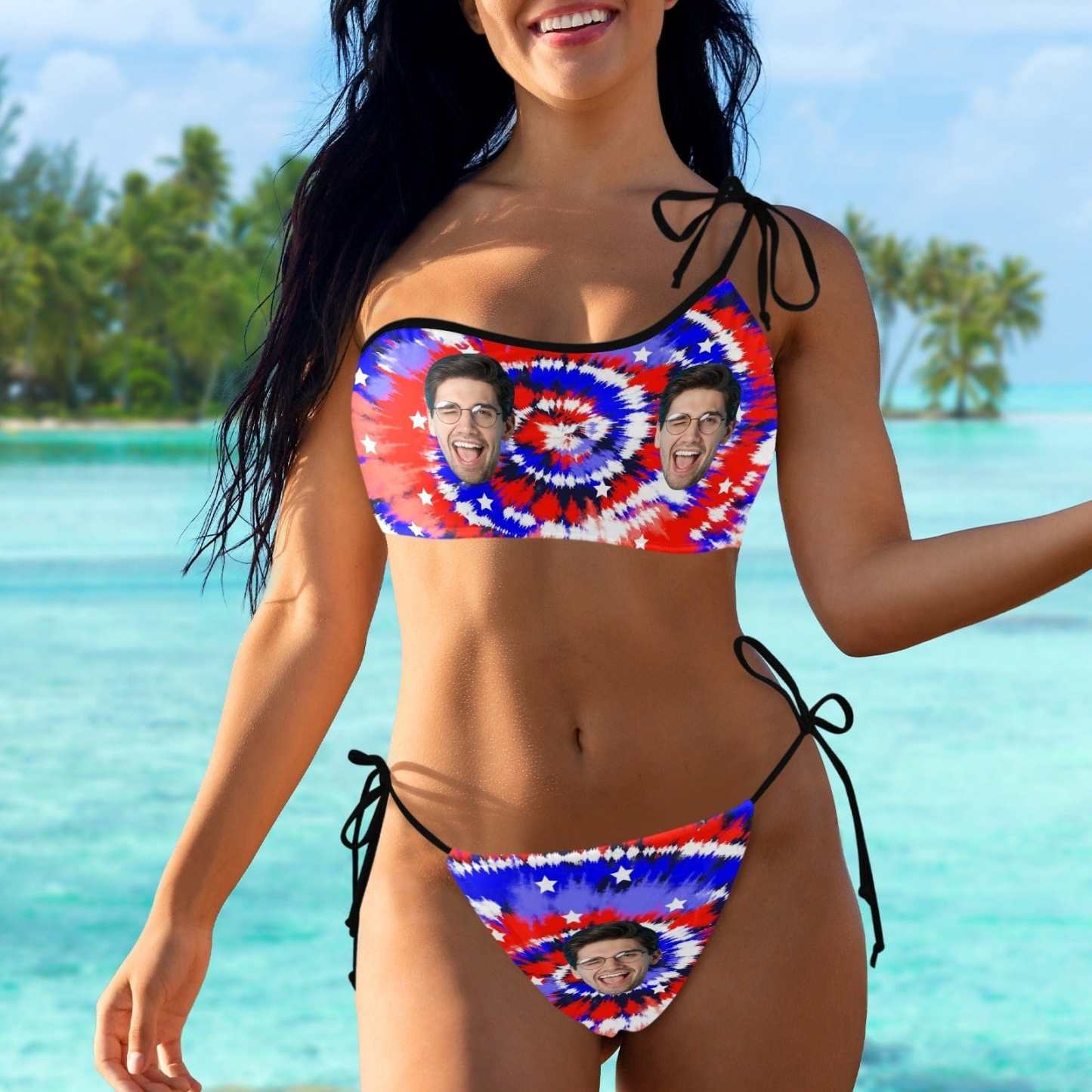 Custom Custom Face Colorful Swirls Bikini Set Personalized Women's Off-Shoulder String Swimsuit - YesCustom
