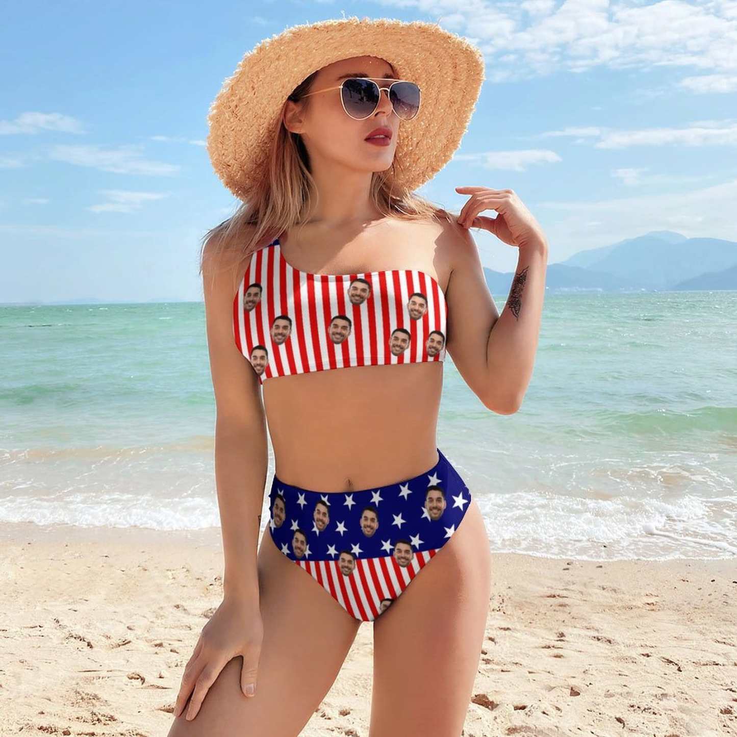 Custom Custom Face Flag Couple Matching Swimsuit One Shoulder Stringless Low Waited Bikini&Swim Shorts Personalized Bathing Suits Beach Outfits - YesCustom
