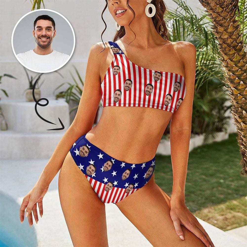 Custom Custom Face Flag Couple Matching Swimsuit One Shoulder Stringless Low Waited Bikini&Swim Shorts Personalized Bathing Suits Beach Outfits - YesCustom