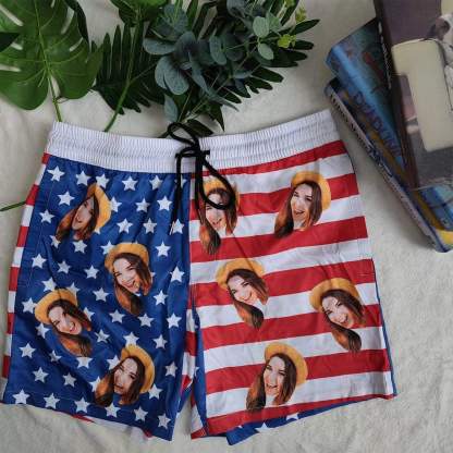 Custom Custom Face Flag Couple Matching Swimsuit One Shoulder Stringless Low Waited Bikini&Swim Shorts Personalized Bathing Suits Beach Outfits - YesCustom