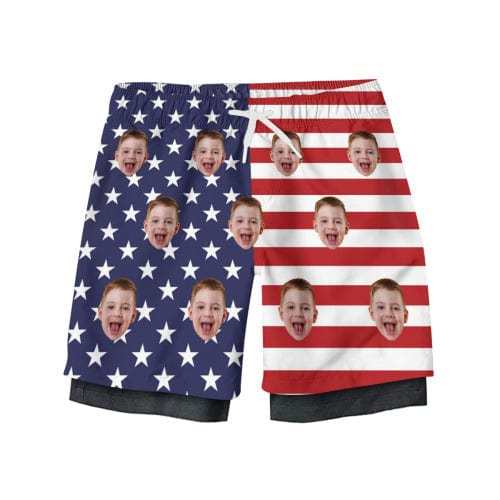 Custom Custom Face Kid's 2 in 1 Sport Shorts Personalized Flag Drawstring Trunk for 5-12 Years Boy - YesCustom