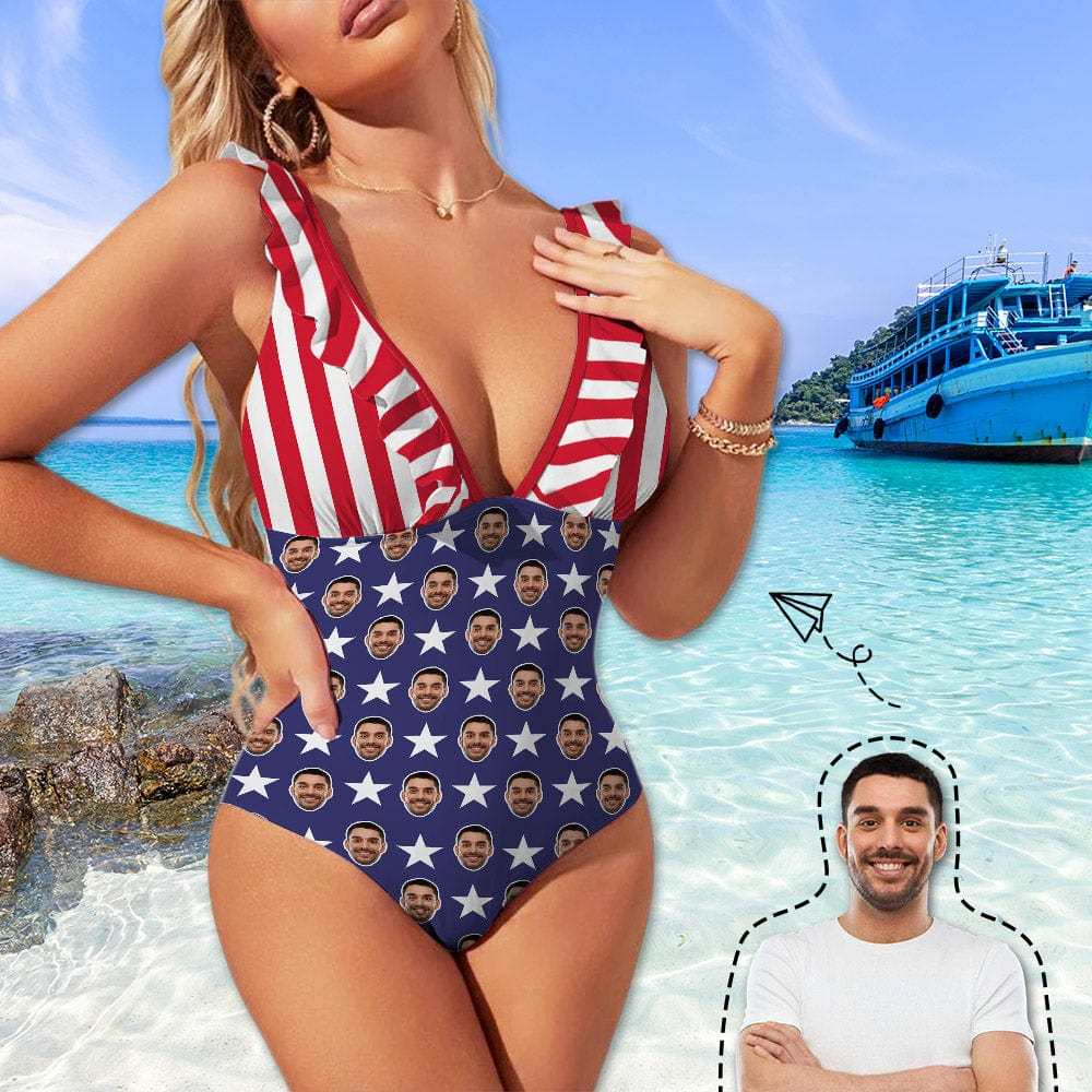 Custom #July 4-4th of July Custom Face USA Flag Swimwear Personalized Women's V-Neck Ruffle Bathing Suit One Piece Swimsuit - YesCustom