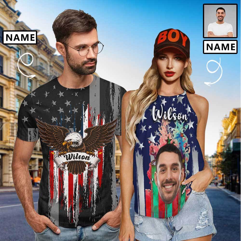 Custom Face&Name American Flag Matching Couple Tops