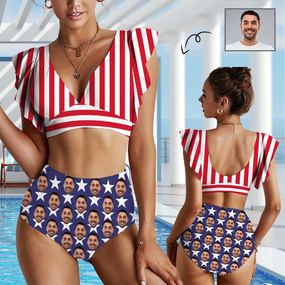 Custom Face American Flag Ruffle Bikini Swimsuit Personalized Women's Two Piece Bathing Suit High Waisted Summer Beach Pool Outfits