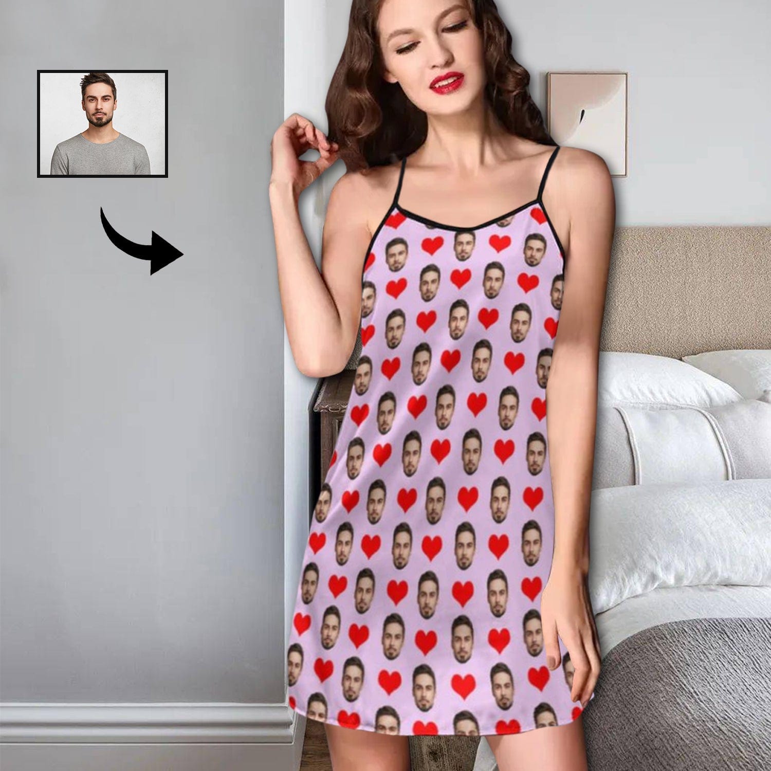 Custom Face Husband Red Heart Women's Sleeveless Nightdress Chemise