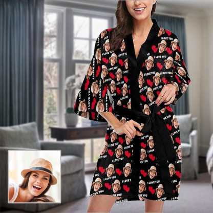 Custom Face I Love You Short Personalized Pajama Kimono Robe For Women