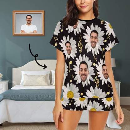 Custom Face Pajamas Daisy Sleepwear Black Women's Short Pajama Set