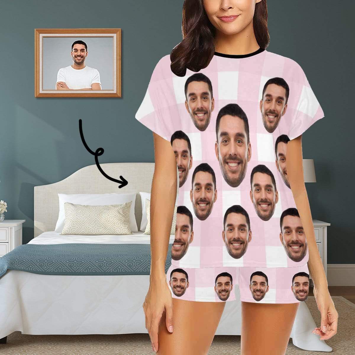 Custom Face Pajamas Pink&White Grid Loungewear Womens Short Pajama Set