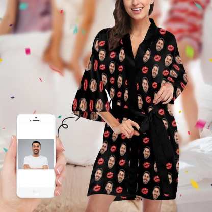 Custom Women's Short Pajamas Kimono Robe With Boyfriend Face Lip