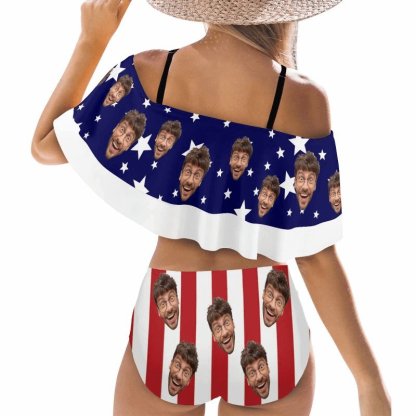 Custom #Plus Size Off Shoulder Bikini-Custom Face Stars Stripe Women's Two-Piece Off Shoulder or Sling 2 Ways to Wear Ruffle High Waisted Bikini Set - YesCustom