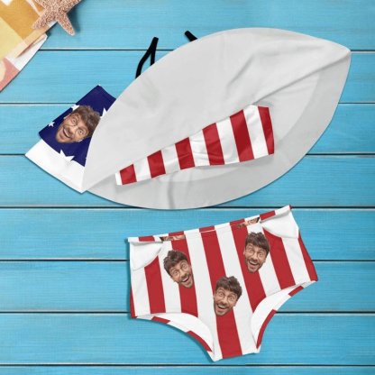 Custom #Plus Size Off Shoulder Bikini-Custom Face Stars Stripe Women's Two-Piece Off Shoulder or Sling 2 Ways to Wear Ruffle High Waisted Bikini Set - YesCustom