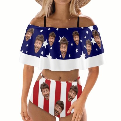 Custom #Plus Size Off Shoulder Bikini-Custom Face Stars Stripe Women's Two-Piece Off Shoulder or Sling 2 Ways to Wear Ruffle High Waisted Bikini Set - YesCustom