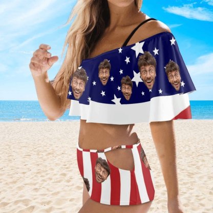Custom #Plus Size Off Shoulder Bikini-Custom Face Stars Stripe Women's Two-Piece Off Shoulder or Sling 2 Ways to Wear Ruffle High Waisted Bikini Set - YesCustom