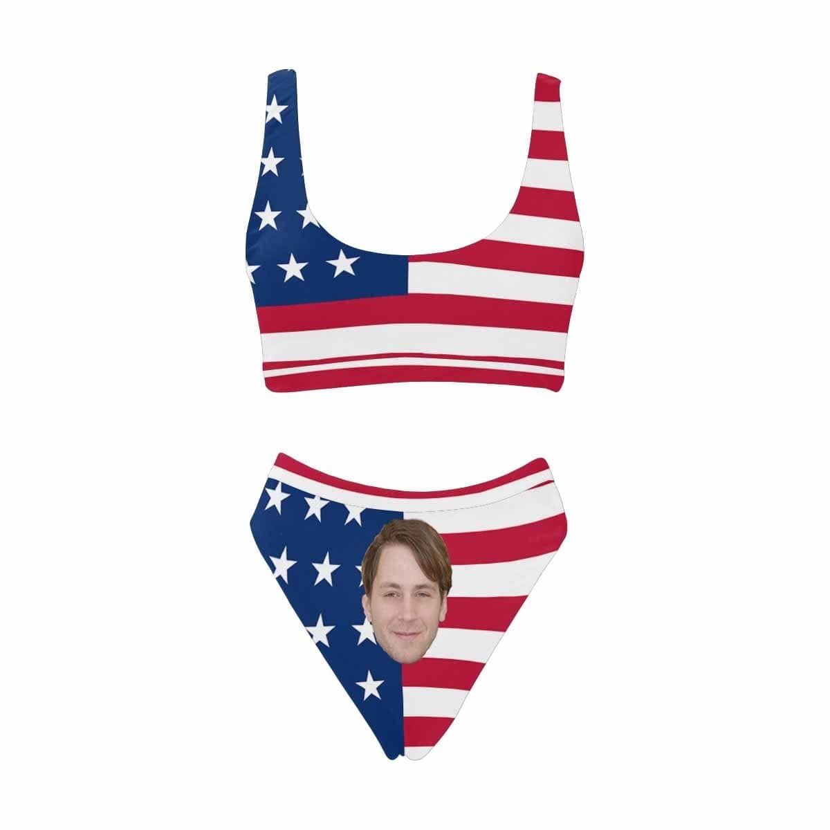 Custom #Plus Size Sport Bikini-Custom Face American Flag Plus Size Swimsuit Scoop Neck Sport Top High Waisted Bikini Plus Size Swimwear Personalized Women's Two Piece Swimsuit Beach Outfits - YesCustom