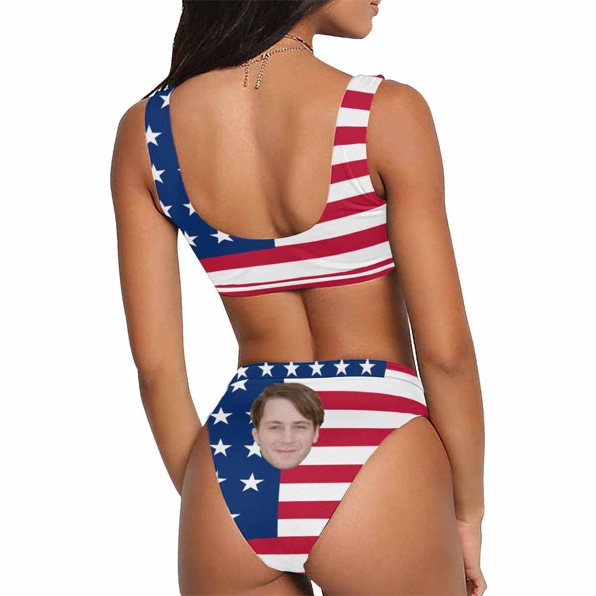 Custom #Plus Size Sport Bikini-Custom Face American Flag Plus Size Swimsuit Scoop Neck Sport Top High Waisted Bikini Plus Size Swimwear Personalized Women's Two Piece Swimsuit Beach Outfits - YesCustom