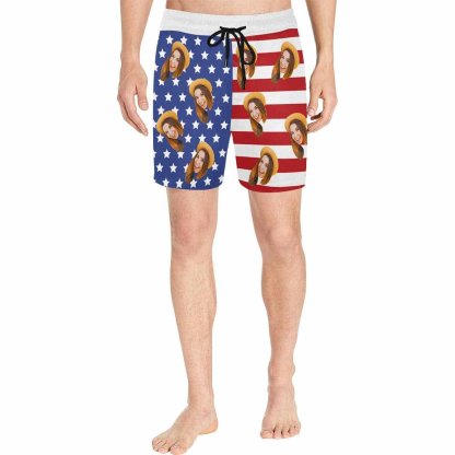 Custom Custom Face American Flag Style A Couple Matching Swimsuit Crew Neck High Waisted Bikini & Swim Shorts Personalized Bathing Suits Beach Outfits - YesCustom