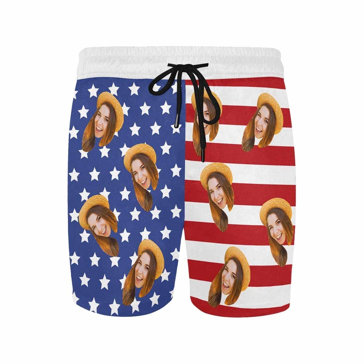Custom Custom Face American Flag Style A Couple Matching Swimsuit Crew Neck High Waisted Bikini & Swim Shorts Personalized Bathing Suits Beach Outfits - YesCustom