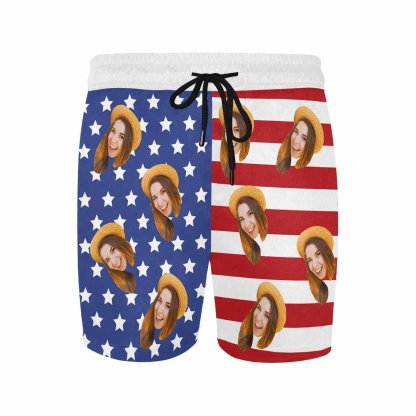 Custom Custom Face American Flag Style A Couple Matching Swimsuit Crew Neck High Waisted Bikini & Swim Shorts Personalized Bathing Suits Beach Outfits - YesCustom
