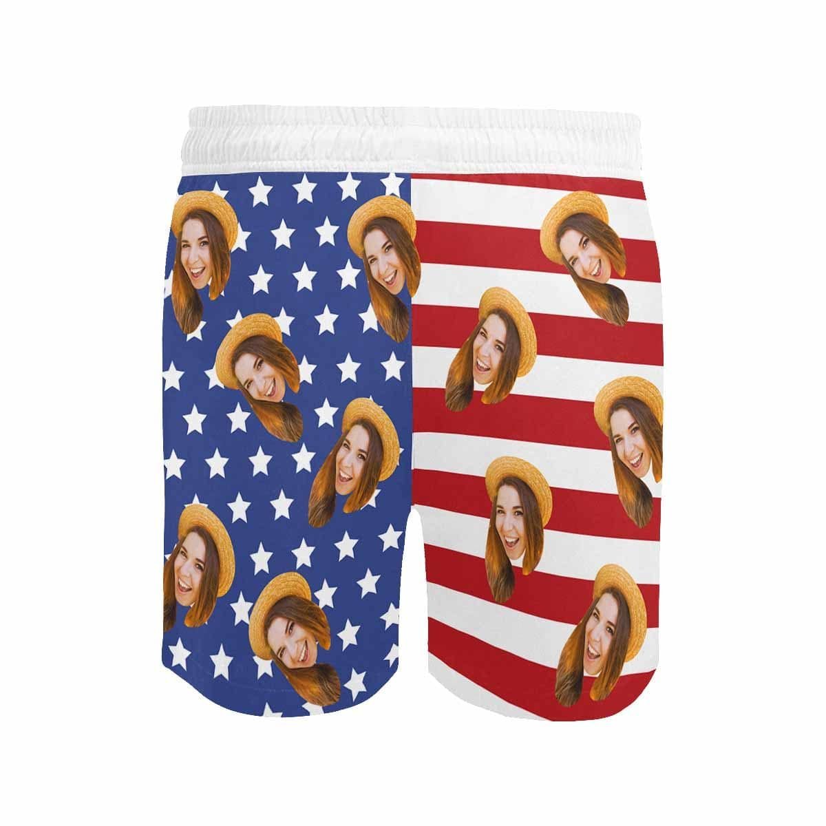Custom Custom Face American Flag Style A Couple Matching Swimsuit Crew Neck High Waisted Bikini & Swim Shorts Personalized Bathing Suits Beach Outfits - YesCustom
