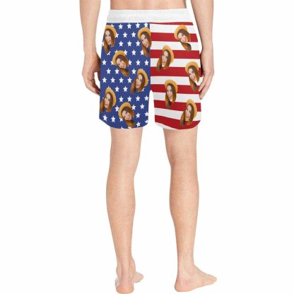 Custom Custom Face American Flag Style A Couple Matching Swimsuit Crew Neck High Waisted Bikini & Swim Shorts Personalized Bathing Suits Beach Outfits - YesCustom