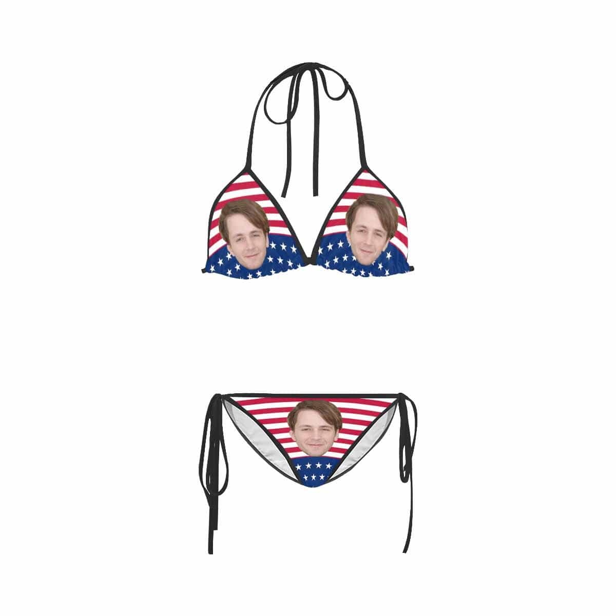 Custom #Plus Size Triangle Bikini-Custom Face American Flag Plus Size Swimsuit String Halter Tie Side Low Waisted Triangle Bikini Plus Size Swimwear Personalized Bathing Suit Women's Two Piece Swimsuit Summer Beach Pool Outfits - YesCustom