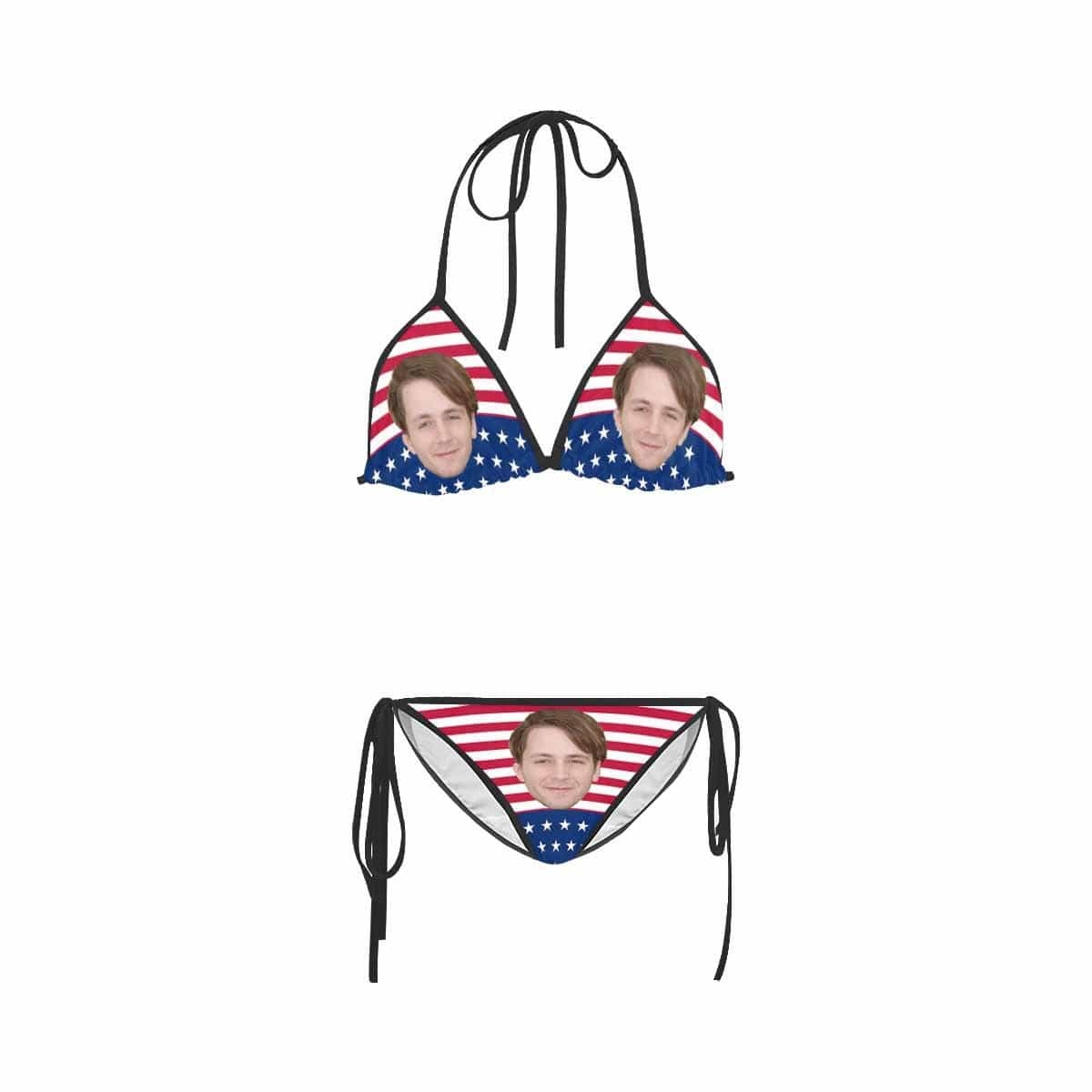 Custom #Plus Size Triangle Bikini-Custom Face American Flag Plus Size Swimsuit String Halter Tie Side Low Waisted Triangle Bikini Plus Size Swimwear Personalized Bathing Suit Women's Two Piece Swimsuit Summer Beach Pool Outfits - YesCustom
