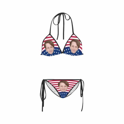 Custom #Plus Size Triangle Bikini-Custom Face American Flag Plus Size Swimsuit String Halter Tie Side Low Waisted Triangle Bikini Plus Size Swimwear Personalized Bathing Suit Women's Two Piece Swimsuit Summer Beach Pool Outfits - YesCustom