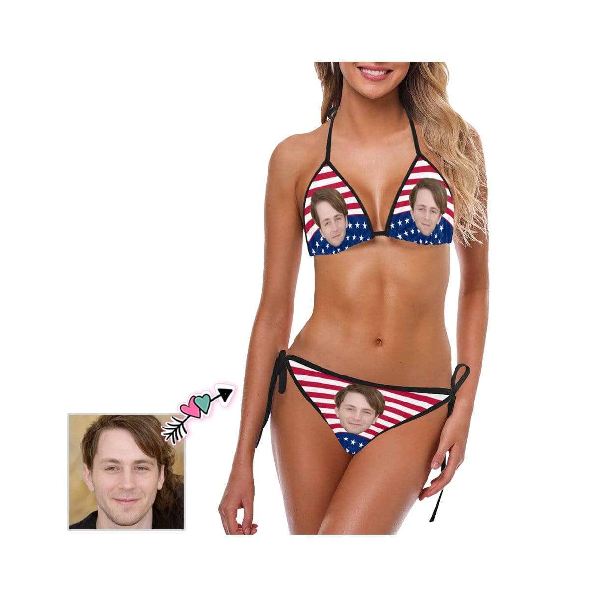 Custom #Plus Size Triangle Bikini-Custom Face American Flag Plus Size Swimsuit String Halter Tie Side Low Waisted Triangle Bikini Plus Size Swimwear Personalized Bathing Suit Women's Two Piece Swimsuit Summer Beach Pool Outfits - YesCustom