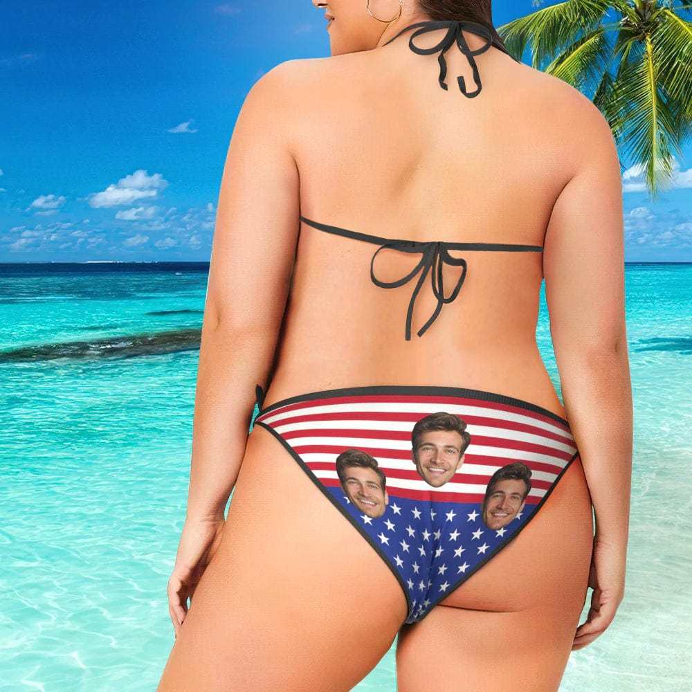 Custom #Plus Size Triangle Bikini-Custom Face American Flag Plus Size Swimsuit String Halter Tie Side Low Waisted Triangle Bikini Plus Size Swimwear Personalized Bathing Suit Women's Two Piece Swimsuit Summer Beach Pool Outfits - YesCustom