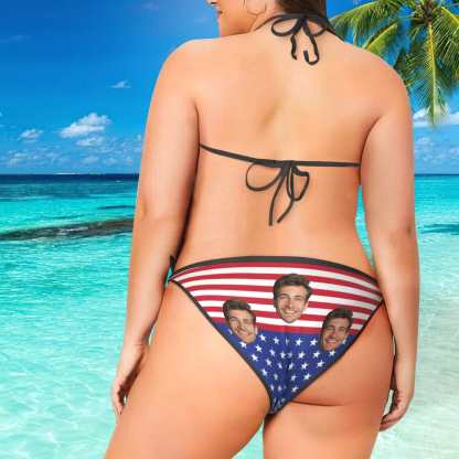 Custom #Plus Size Triangle Bikini-Custom Face American Flag Plus Size Swimsuit String Halter Tie Side Low Waisted Triangle Bikini Plus Size Swimwear Personalized Bathing Suit Women's Two Piece Swimsuit Summer Beach Pool Outfits - YesCustom