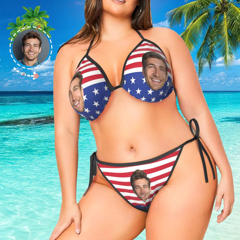Custom #Plus Size Triangle Bikini-Custom Face American Flag Plus Size Swimsuit String Halter Tie Side Low Waisted Triangle Bikini Plus Size Swimwear Personalized Bathing Suit Women's Two Piece Swimsuit Summer Beach Pool Outfits - YesCustom