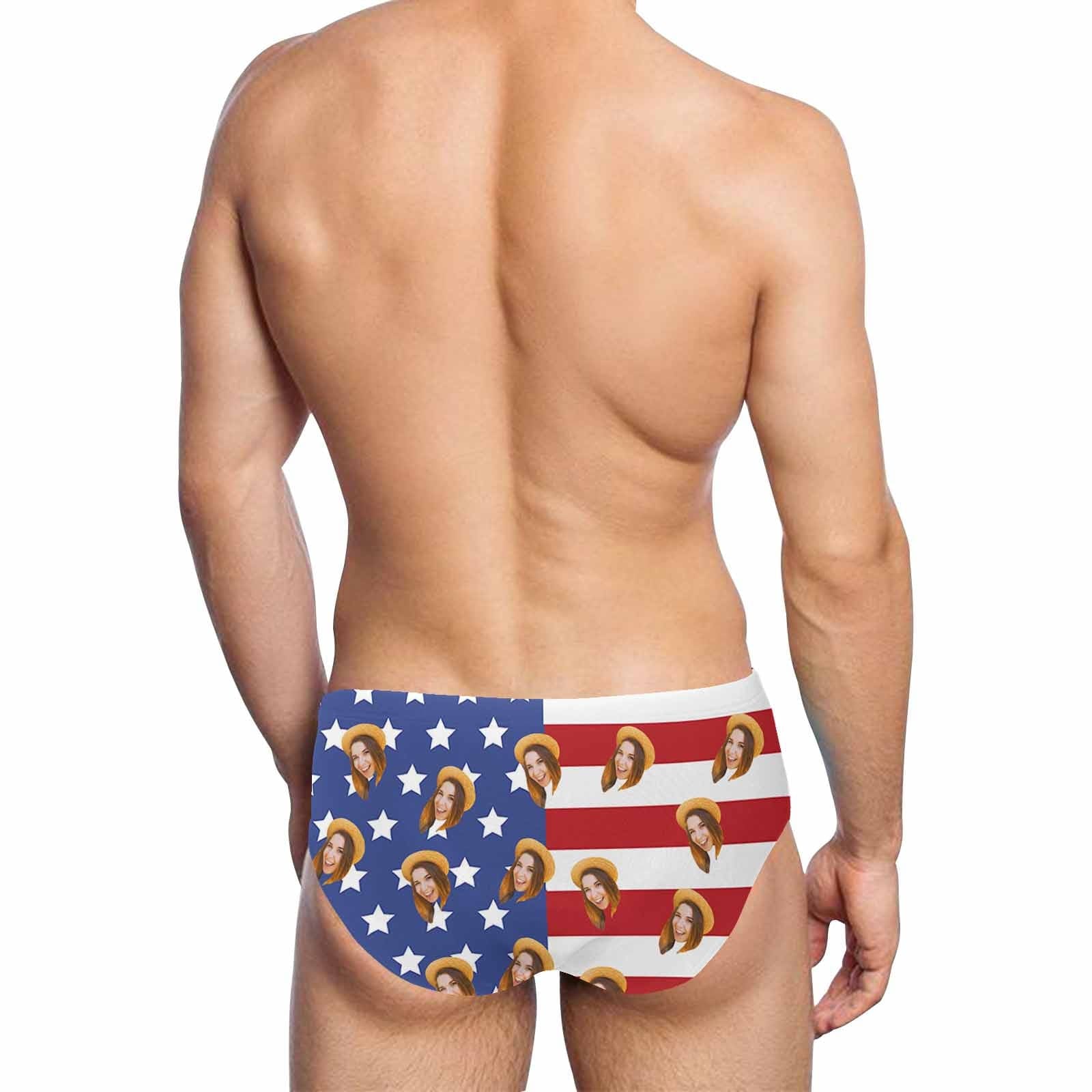 Custom Face Stars Stripes Men's Swim Shorts Personalized Triangle Swim Briefs Design America Flag Style Swim Boxer Briefs Print Knee Funny Swim Trunks for Holiday