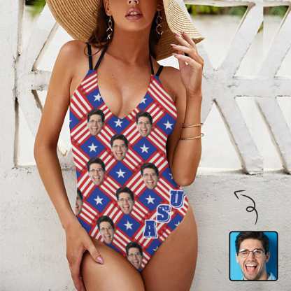 Custom Face USA Flag Swimsuit Personalized Women's V-neck One Piece Bathing Suit For Her