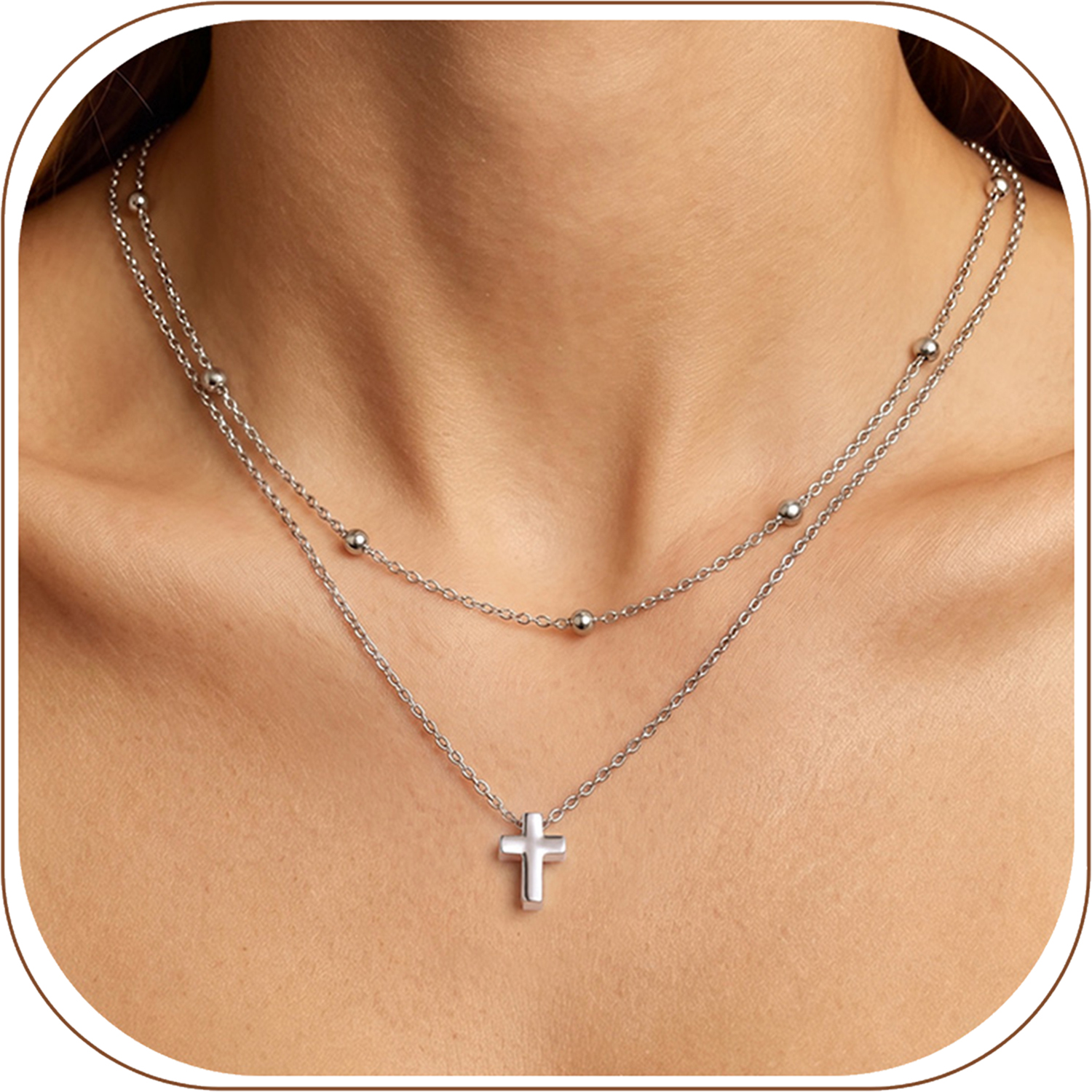 KeyStyle Cross Necklace for Women,Double Layered Cross Pendant 14K Gold Plated over Copper Christmas Easter Christian Jewelry Gifts