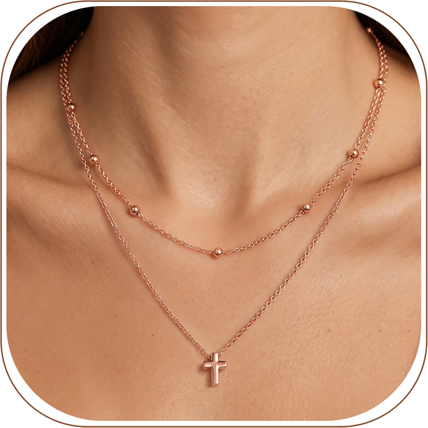 KeyStyle Cross Necklace for Women,Double Layered Cross Pendant 14K Gold Plated over Copper Christmas Easter Christian Jewelry Gifts