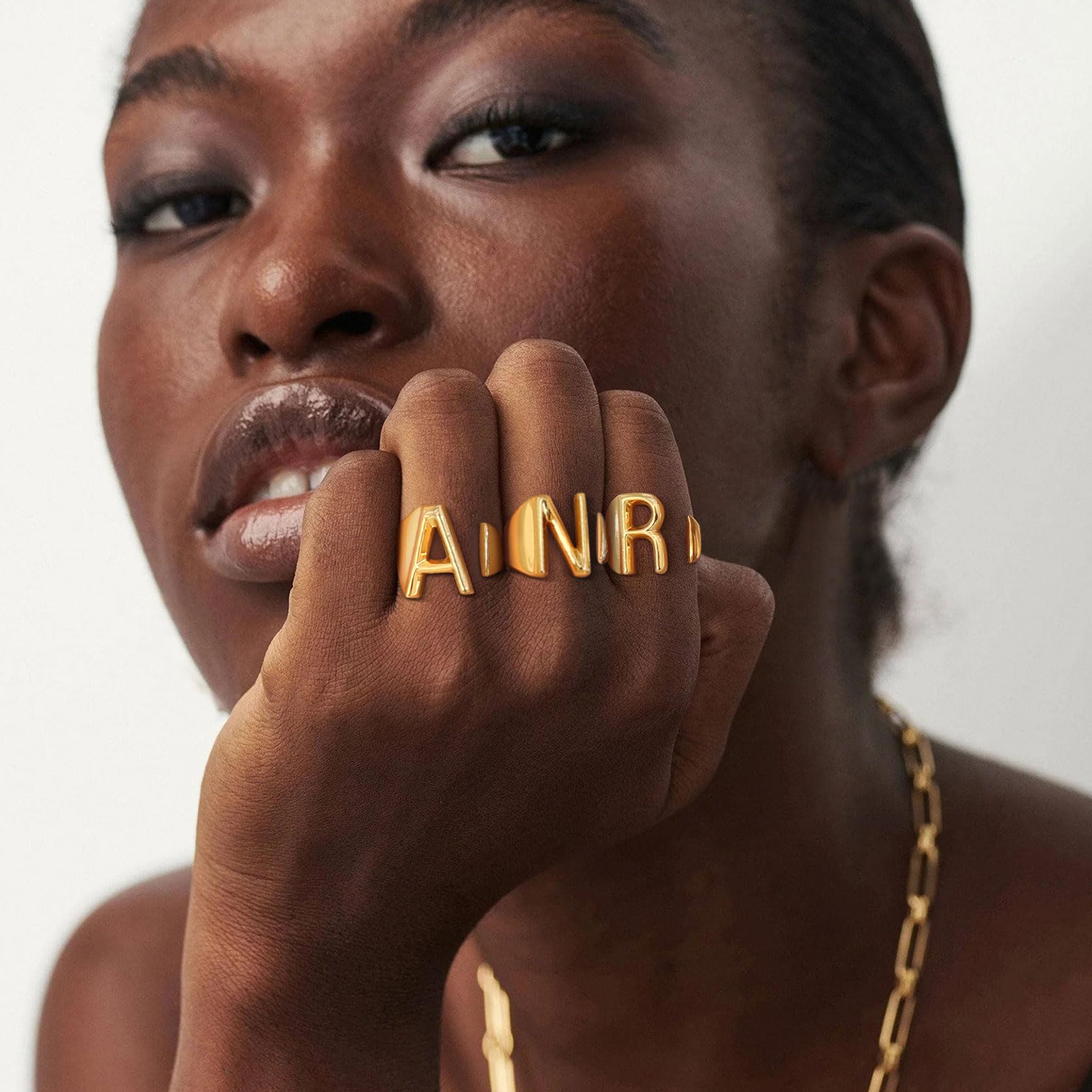 KeyStyle Gold Initial Ring for Women Alphabet Letter Ring Adjustable 14K Gold Plated Personalized Bold Statement Jewelry Stacking Ring Gifts for Her