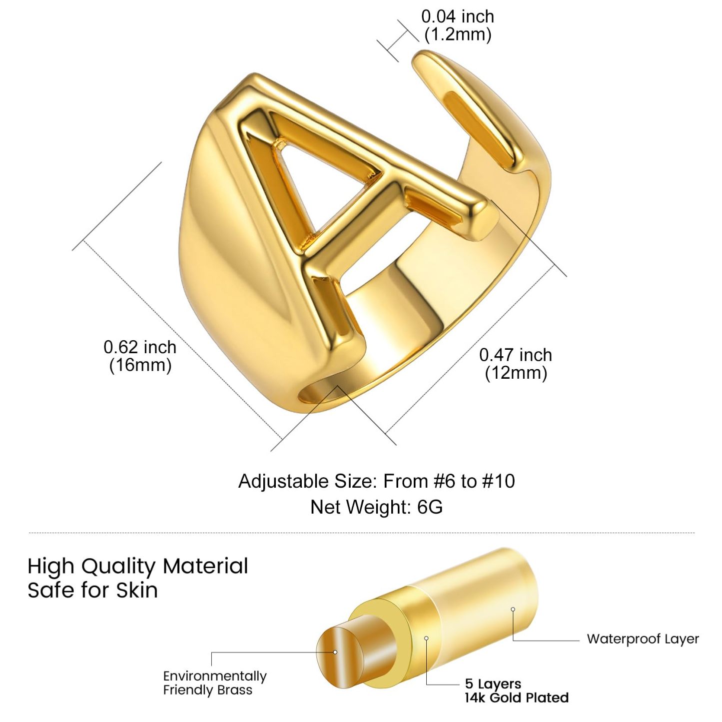 KeyStyle Gold Initial Ring for Women Alphabet Letter Ring Adjustable 14K Gold Plated Personalized Bold Statement Jewelry Stacking Ring Gifts for Her