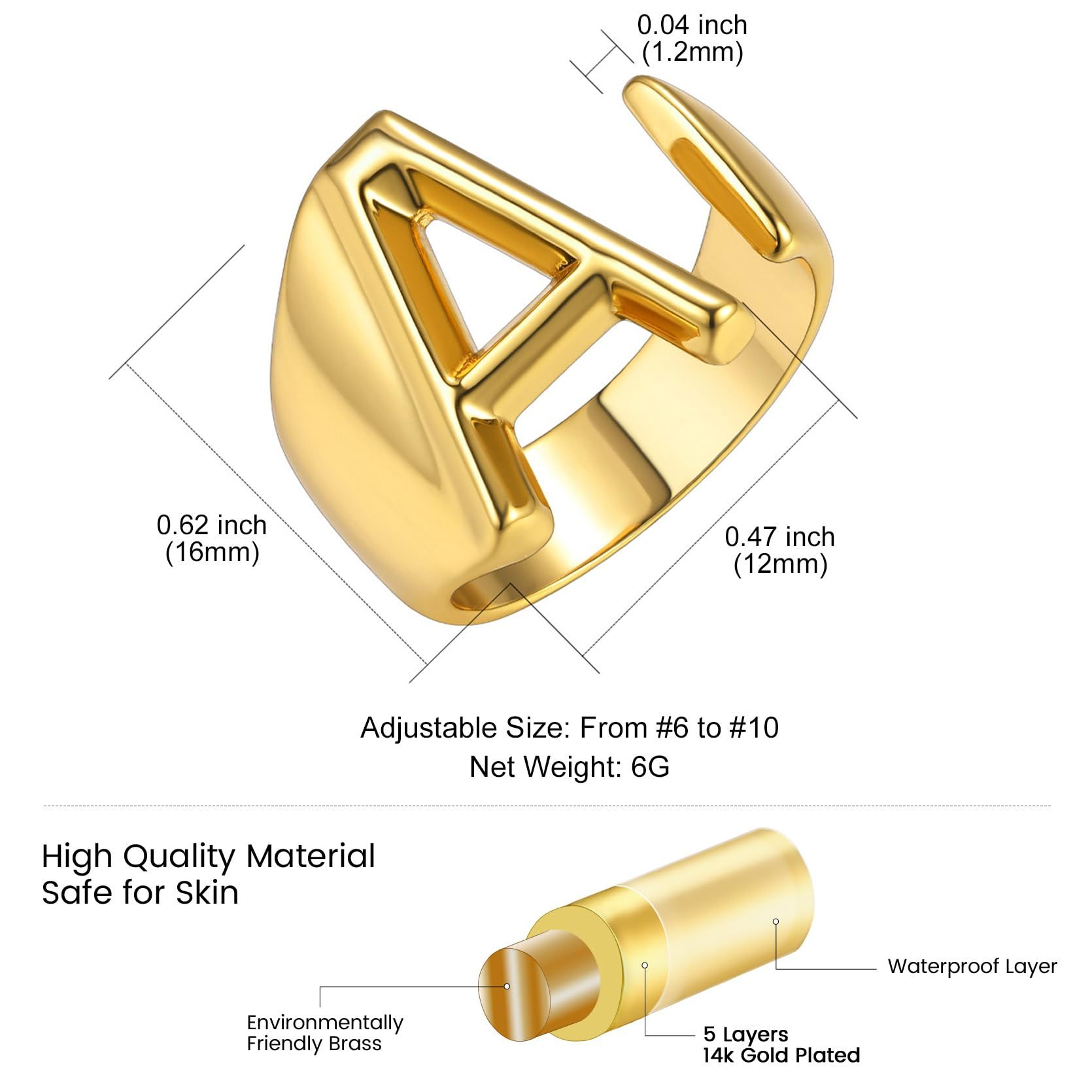 KeyStyle Gold Initial Ring for Women Alphabet Letter Ring Adjustable 14K Gold Plated Personalized Bold Statement Jewelry Stacking Ring Gifts for Her