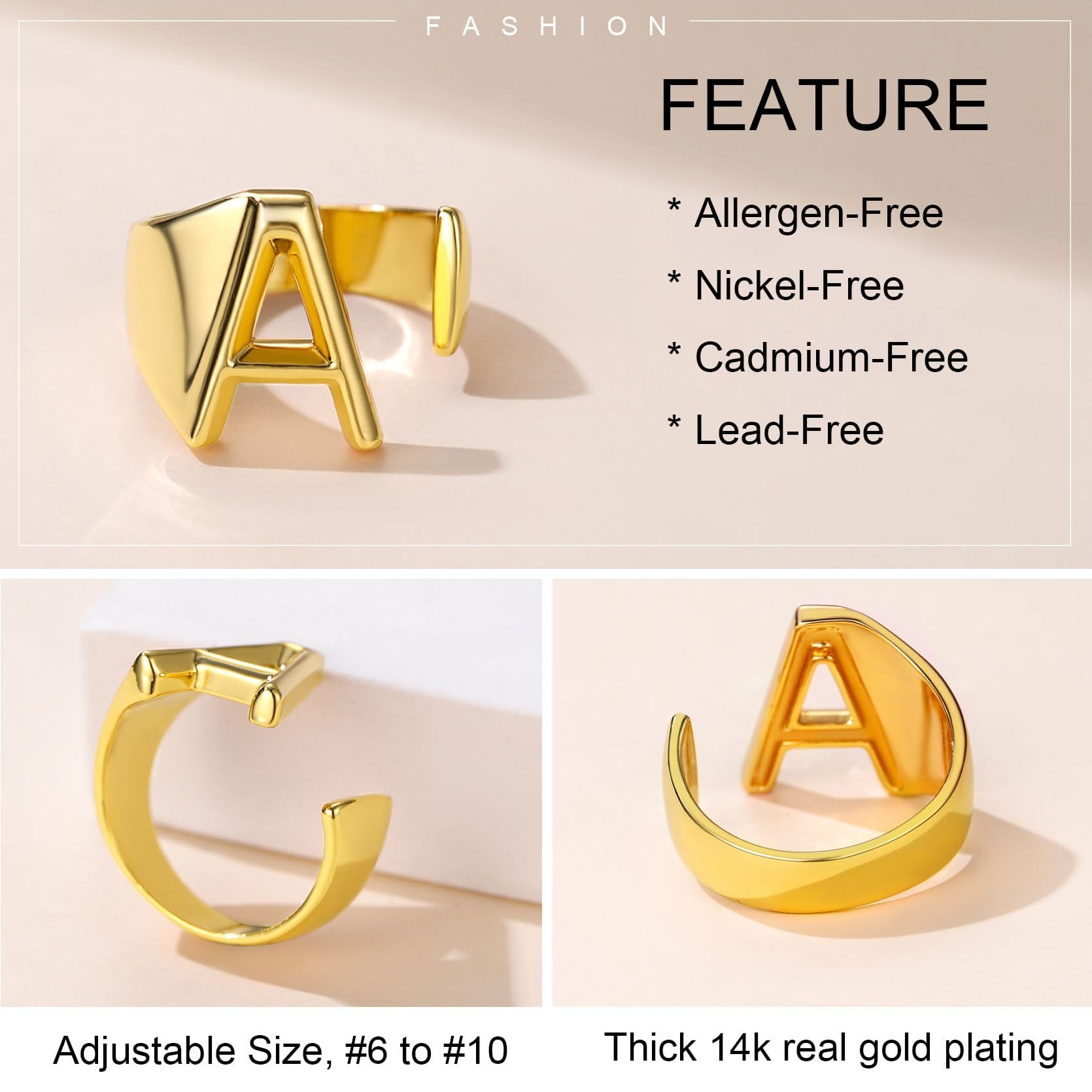 KeyStyle Gold Initial Ring for Women Alphabet Letter Ring Adjustable 14K Gold Plated Personalized Bold Statement Jewelry Stacking Ring Gifts for Her
