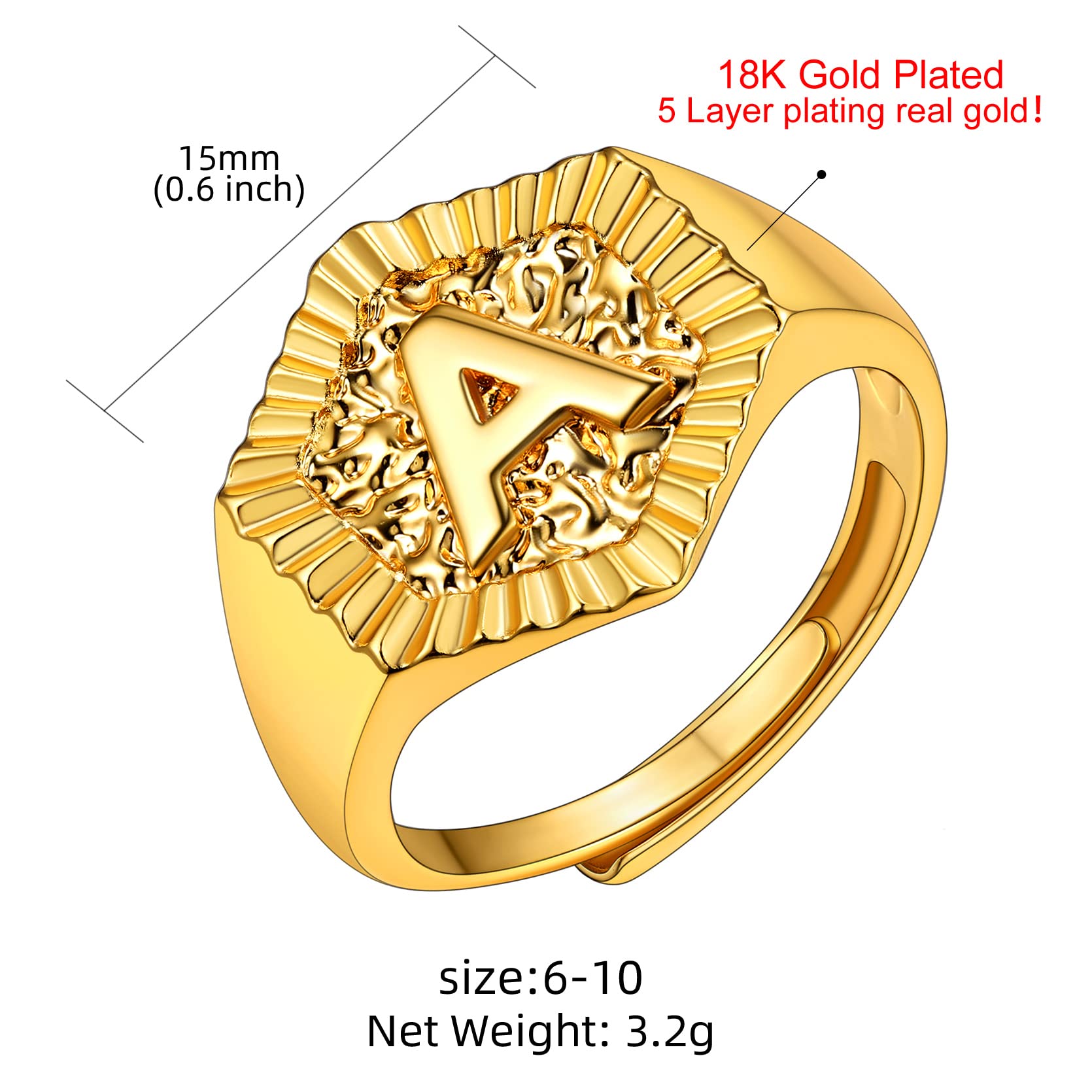 KeyStyle Gold Initial Ring for Women Alphabet Letter Ring Adjustable 14K Gold Plated Personalized Bold Statement Jewelry Stacking Ring Gifts for Her