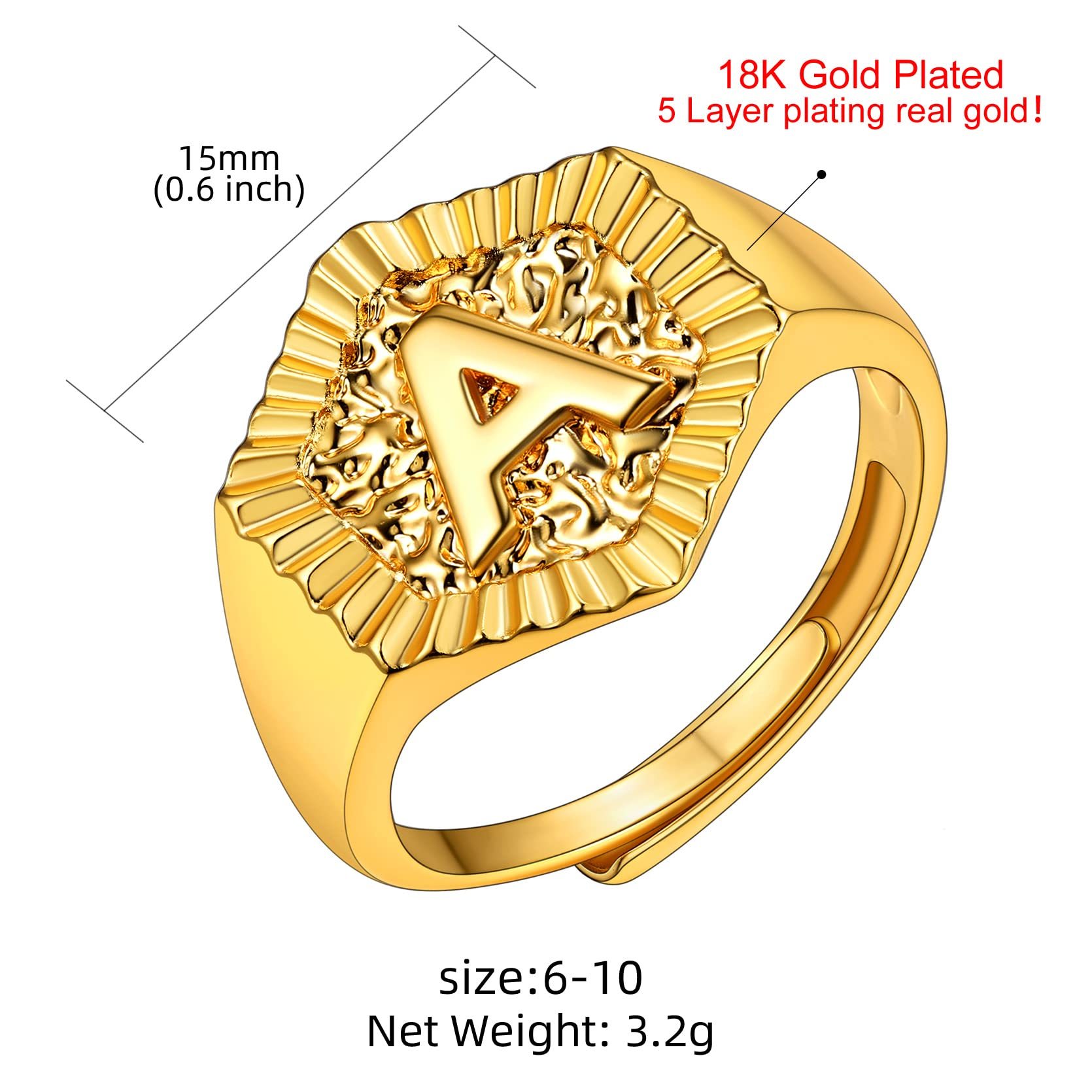 KeyStyle Gold Initial Ring for Women Alphabet Letter Ring Adjustable 14K Gold Plated Personalized Bold Statement Jewelry Stacking Ring Gifts for Her