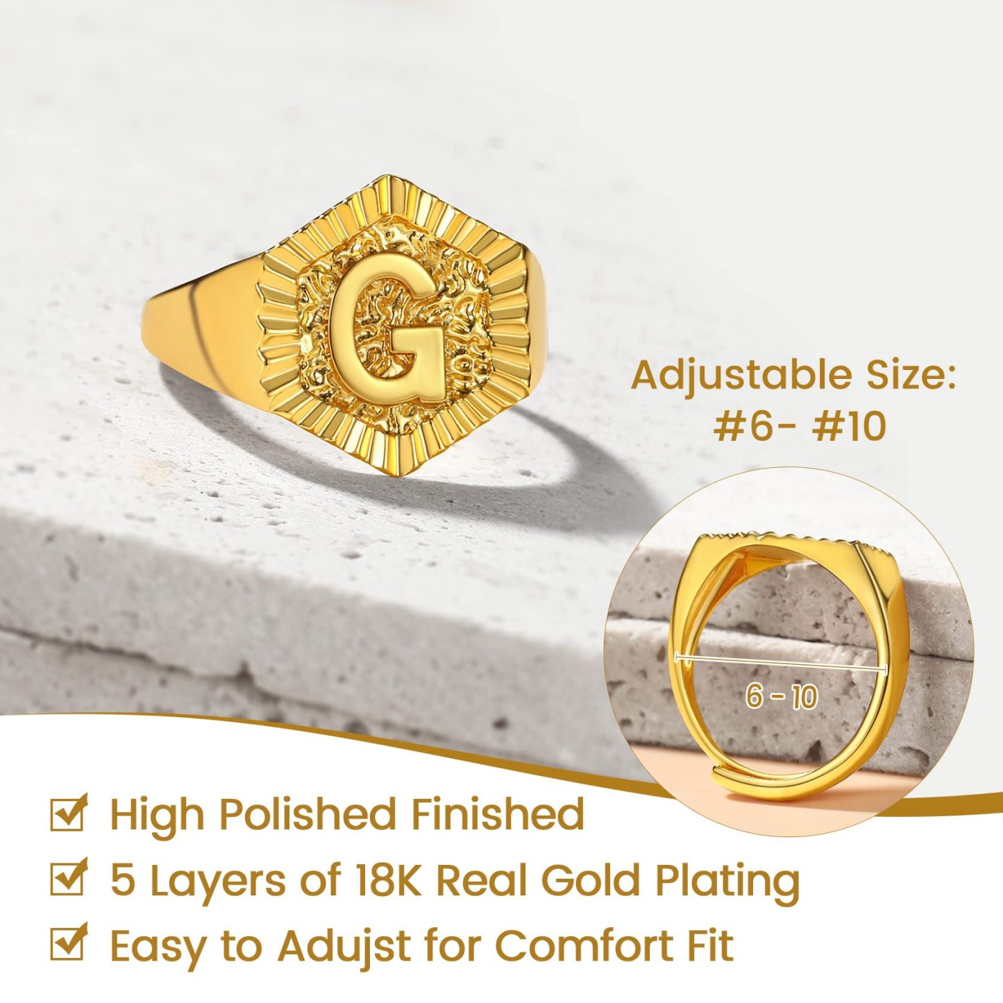 KeyStyle Gold Initial Ring for Women Alphabet Letter Ring Adjustable 14K Gold Plated Personalized Bold Statement Jewelry Stacking Ring Gifts for Her