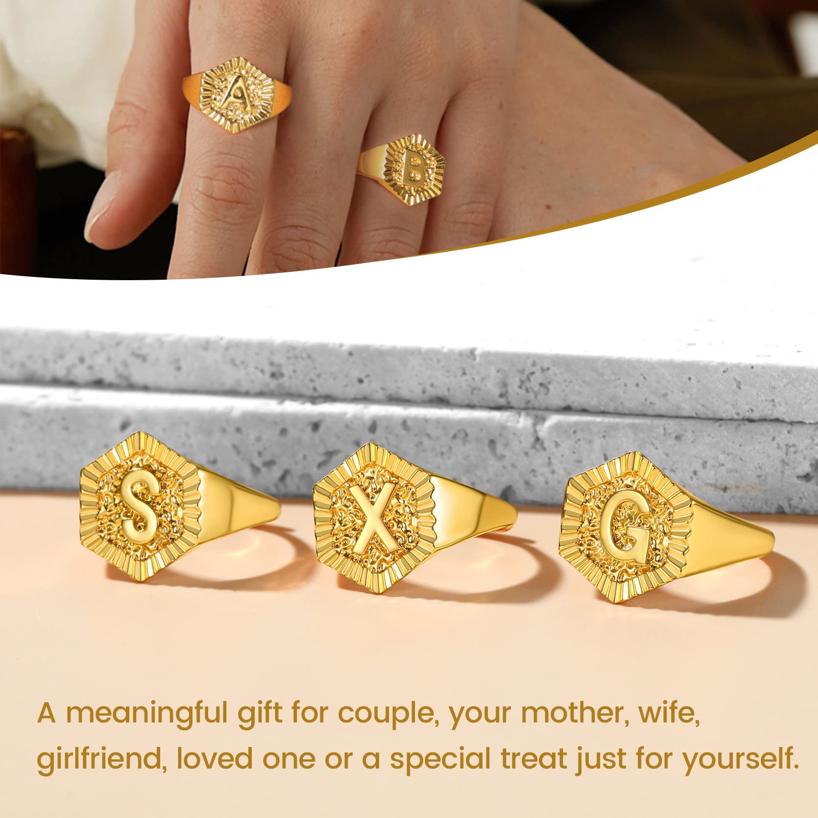 KeyStyle Gold Initial Ring for Women Alphabet Letter Ring Adjustable 14K Gold Plated Personalized Bold Statement Jewelry Stacking Ring Gifts for Her