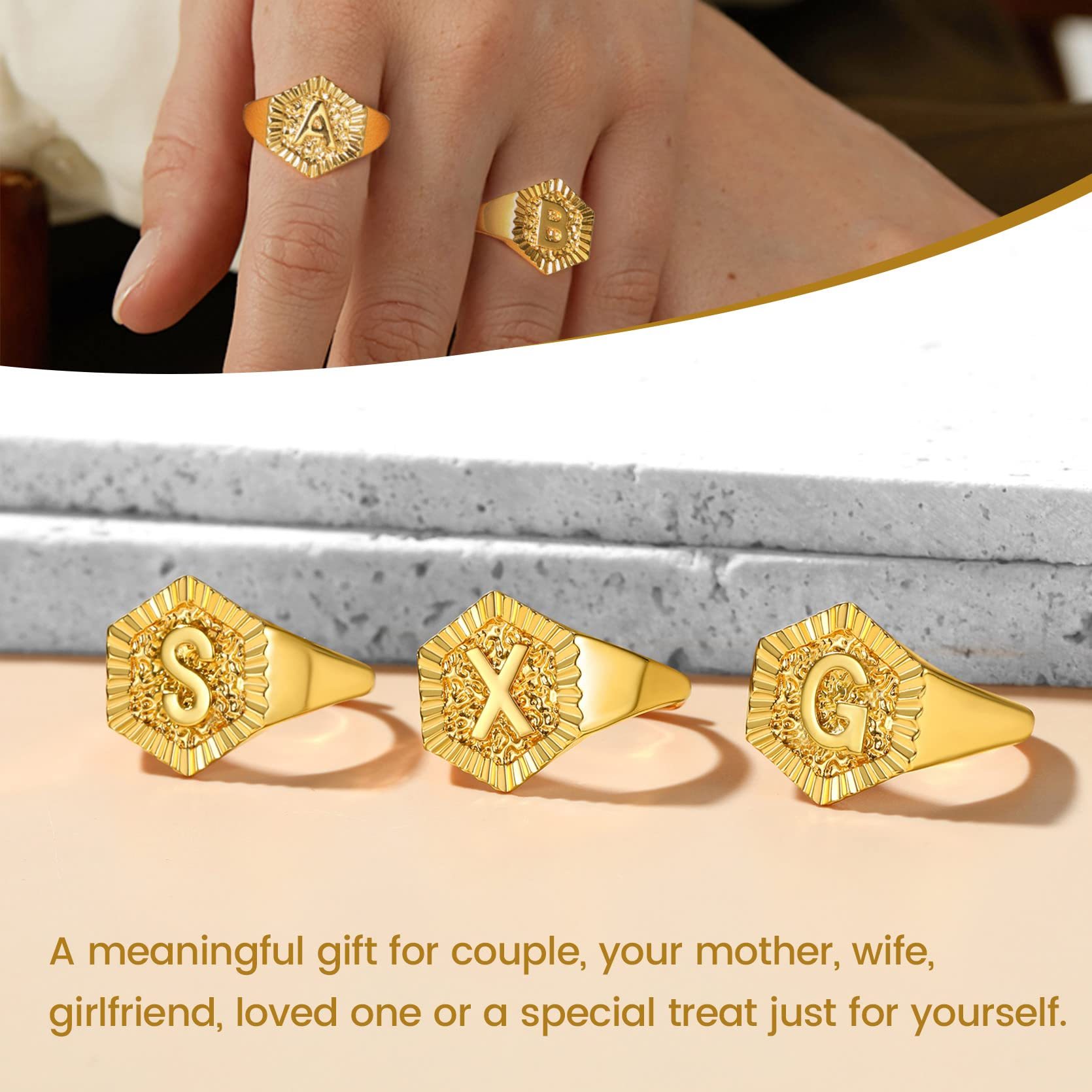 KeyStyle Gold Initial Ring for Women Alphabet Letter Ring Adjustable 14K Gold Plated Personalized Bold Statement Jewelry Stacking Ring Gifts for Her