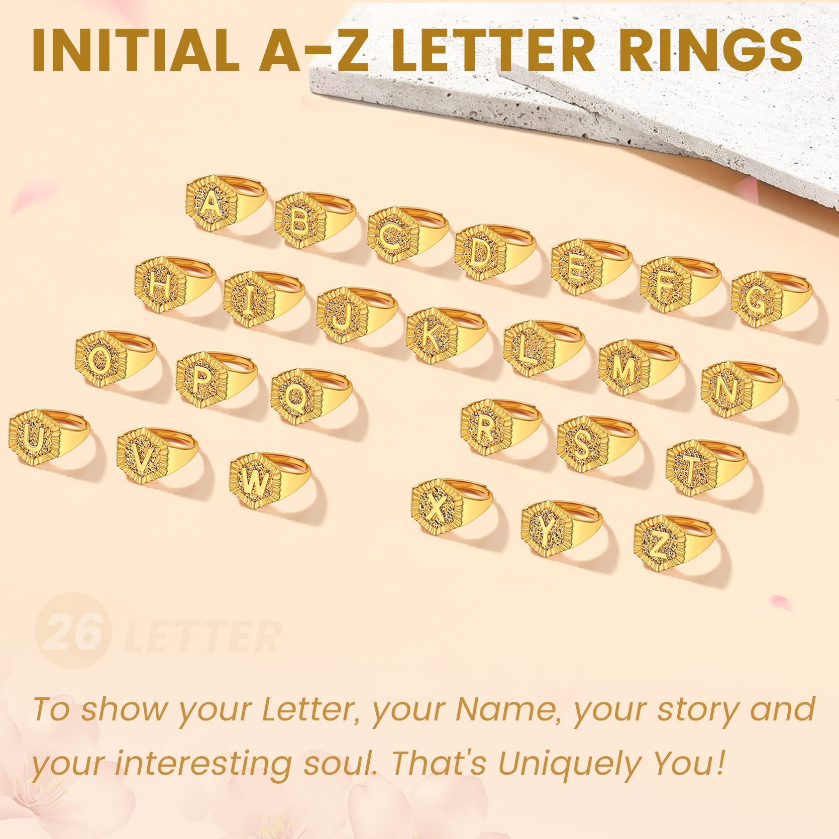 KeyStyle Gold Initial Ring for Women Alphabet Letter Ring Adjustable 14K Gold Plated Personalized Bold Statement Jewelry Stacking Ring Gifts for Her