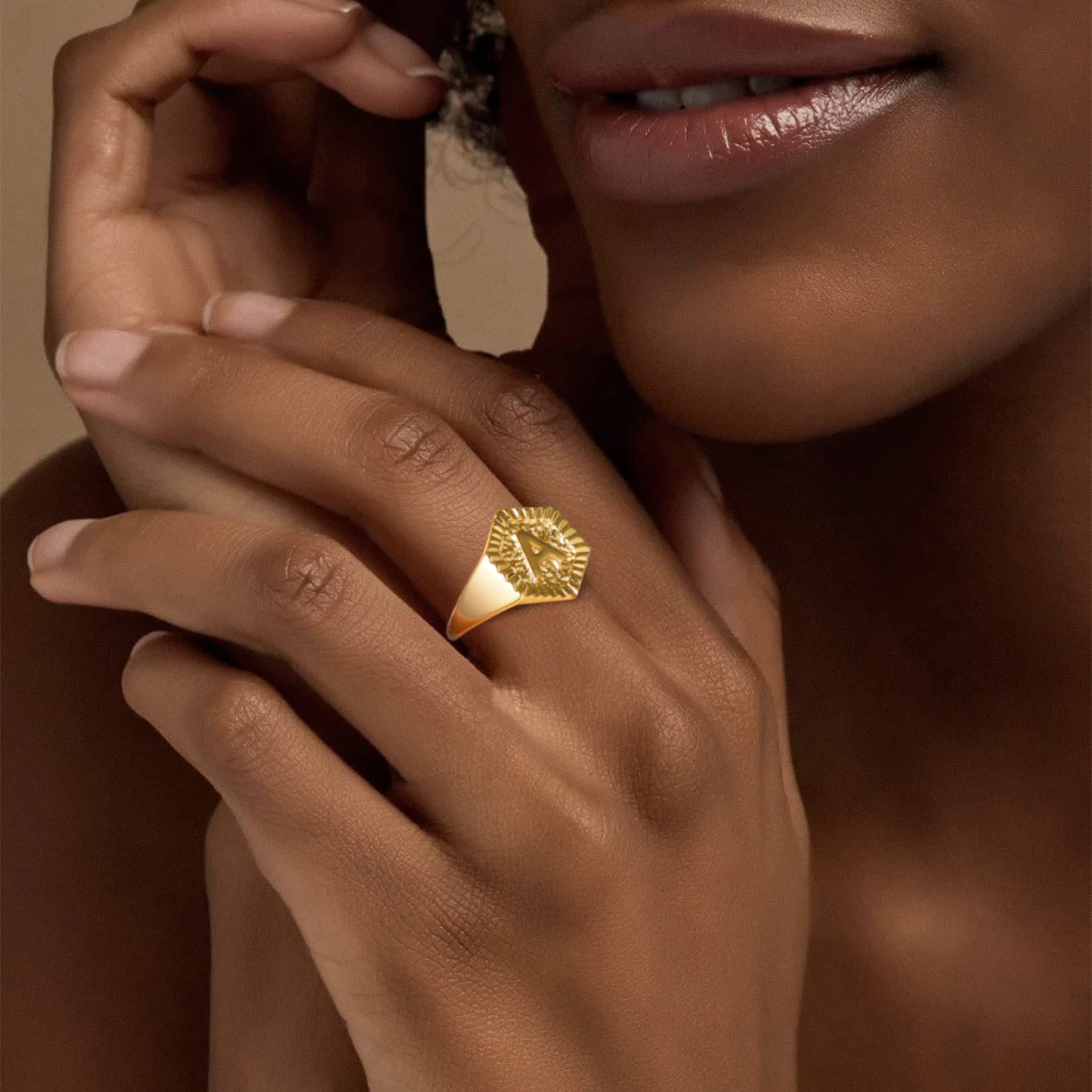 KeyStyle Gold Initial Ring for Women Alphabet Letter Ring Adjustable 14K Gold Plated Personalized Bold Statement Jewelry Stacking Ring Gifts for Her