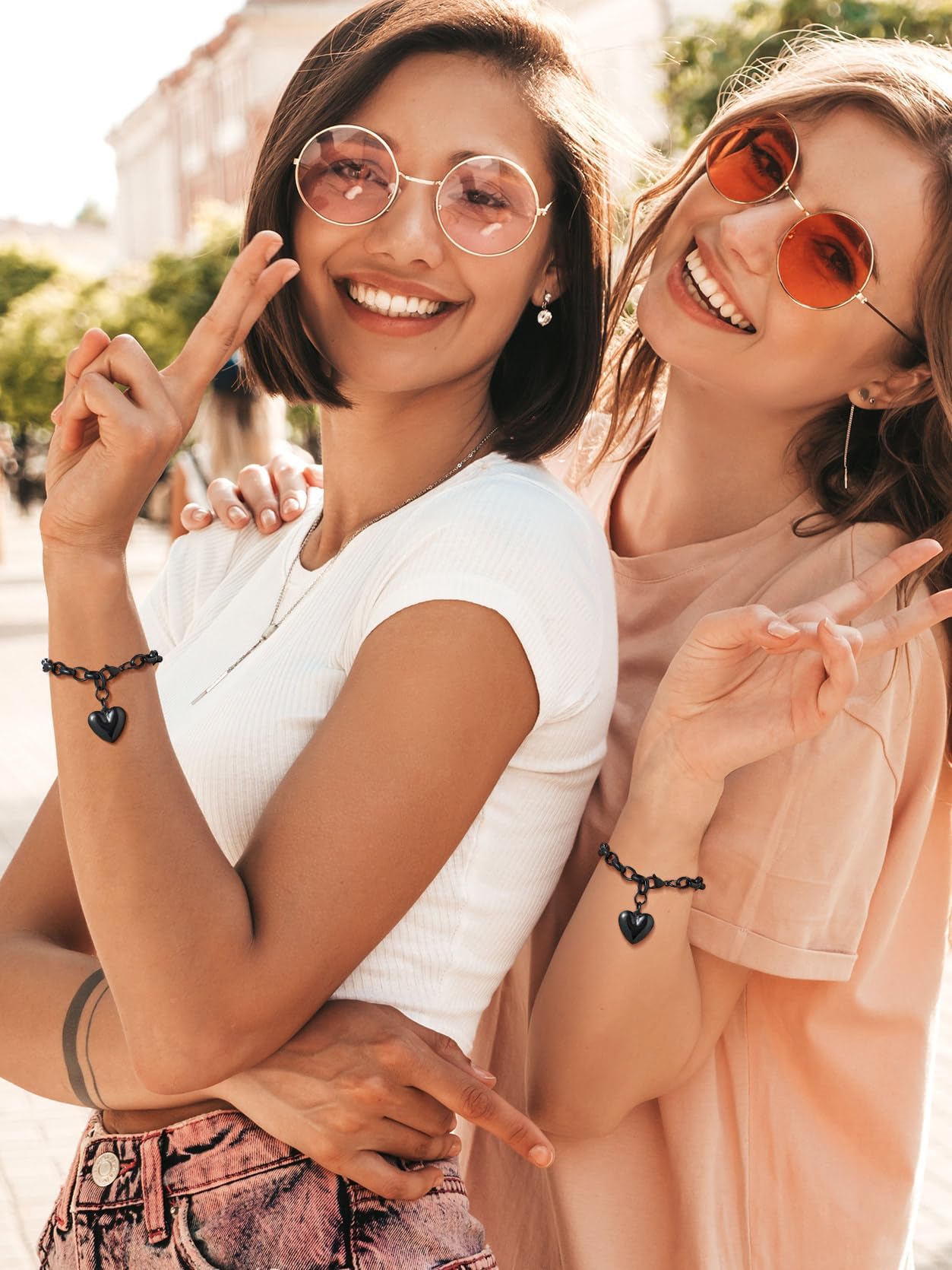 KeyStyle Heart Charm Bracelets for Women Chain Bracelet Black Adjustable Link Bracelets Valentine's Day Jewelry Gift for Girlfriend