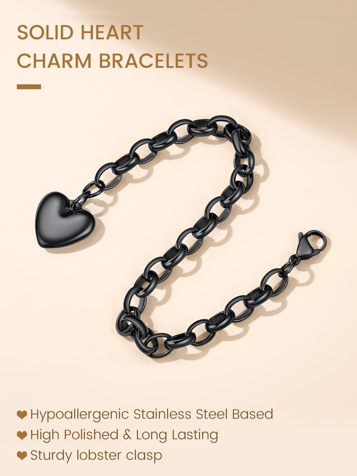 KeyStyle Heart Charm Bracelets for Women Chain Bracelet Black Adjustable Link Bracelets Valentine's Day Jewelry Gift for Girlfriend