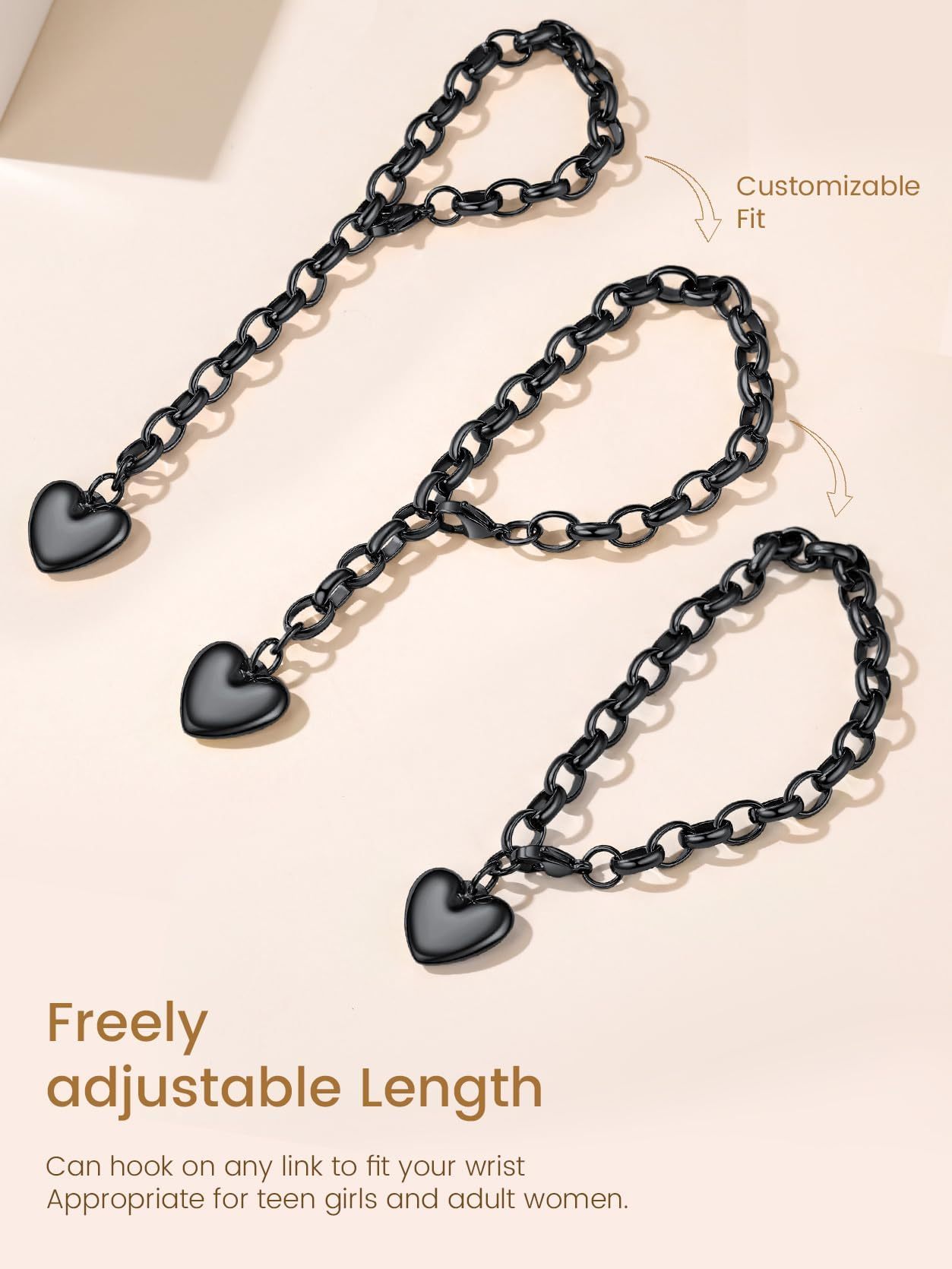 KeyStyle Heart Charm Bracelets for Women Chain Bracelet Black Adjustable Link Bracelets Valentine's Day Jewelry Gift for Girlfriend